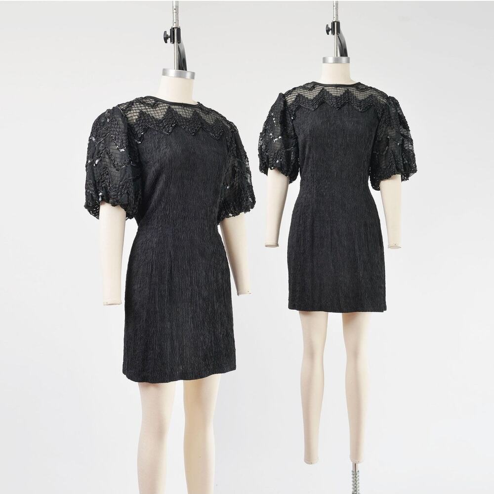 Vintage 90s Black Sequin Mini Dress M Puff Sleeve Cocktail Party Sheer Neckline